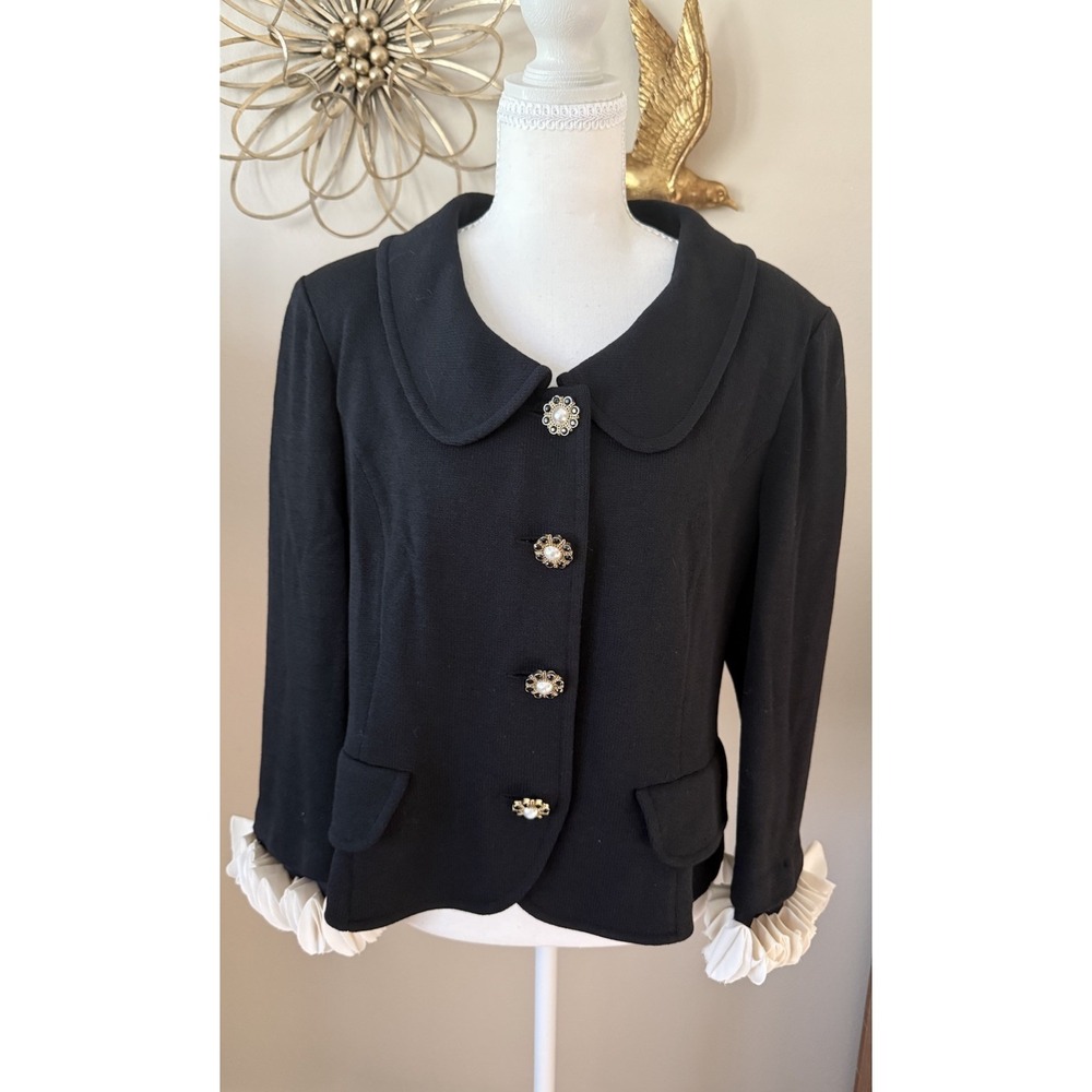 St John Collection 12 Black Knit Jacket Pearl Jeweled Buttons Detachable Cuffs